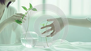 Two women are holding hands and touching a plant in a vase