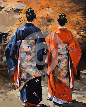 Two women in kimonos strolling through a picturesque landscape