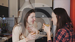 Two women in the kitchen drinking orange juice and talking.