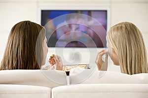 Two women in living room watching television photo