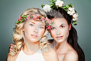 Two Women with Long Curly Hair, Perfect Skin and Summe