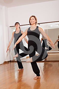 Two women making a fitness exercisen in synchrony