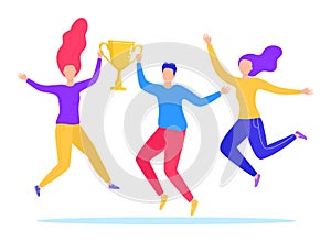 Two women man celebrate gold trophy, jumping joyfully. Winning team celebration award, success