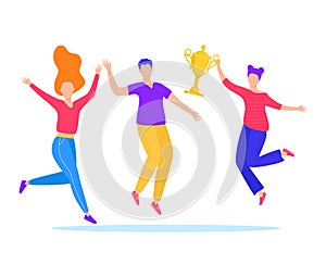 Two women and a man celebrating victory and happiness. A person holding a trophy aloft, cheerful and energetic mood