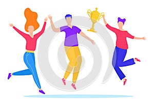 Two women man celebrating victory happiness, person holding trophy aloft, cheerful energetic mood