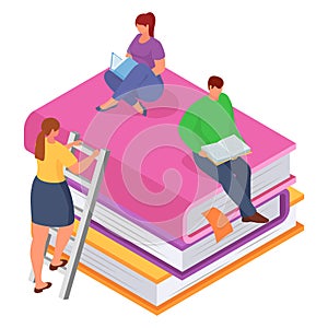 Two women and a man reading books on giant stack of books. Students studying together on big books. Learn and education