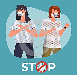 Two women in medical masks protesting, show stop gesture against virus spreading, stop world epidemy