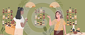 Two women in organic store vector flat illustration. Happy smiling girl choosing fresh natural cosmetics.