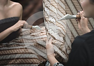 Two Women Painting Batik Java Indonesia