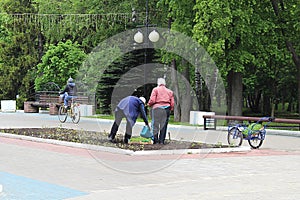 Two women in the park plant flowers for beauty