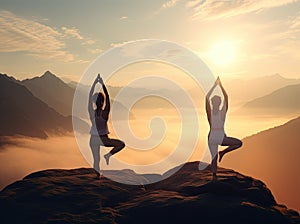 Two Women Performing Yoga on a Mountain Peak