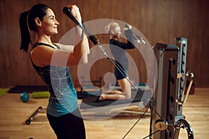 Two women on pilates training in gym, flexibility