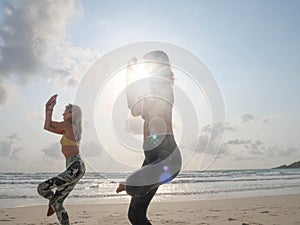 Two women practice eagle yoga asana at seaside in sunlight