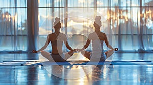 Two Women Practicing Yoga in a Serene Indoor Space