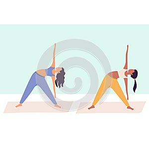 Two women practicing yoga together, group of women performing gymnastic exercise in gym, aerobics class, training
