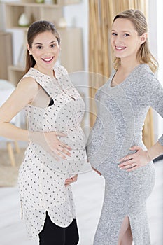 two women with pregnant bellies looking at camera
