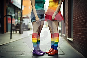 Two women with rainbow coloured socks, standing on the street.