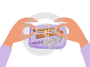 Two women's hands packing handmade soap with Lavender grass, cinnamon. Cute gift. Vector flat Illustration dor small