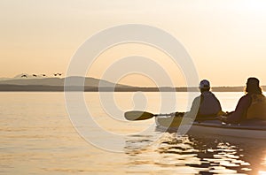 Two women in a sea kayak bird watching. People enjoying healthy lifestyles, nature and wildlife