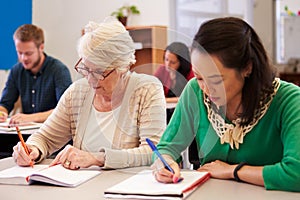 Two women sharing a desk at an adult education class photo