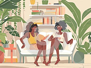 Two women sit on couch reading books, sharing happy moment