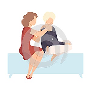 Two Women Sitting On Bench Beside Each Other and One Encouraging Another By Putting Arm on Shoulder Vector Illustration