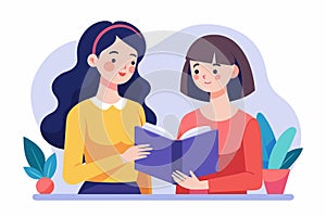 Two women sitting closely, reading a book together and engaging in discussion, two women learn to read a book, Simple and