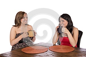 Two women sitting having coffee at table