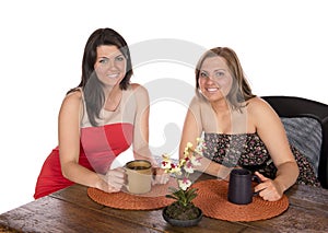 Two women sitting having coffee at table
