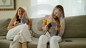 Two women smiling confident sitting on sofa with chihuahuas at home