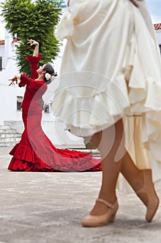 Two Women Spanish Flamenco Dancers In Town Square