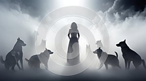 Mysterious Woman Emerges From White Fog With Shadows Of Dogs photo