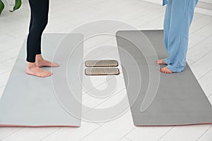 Two women stand in front of sadhu boards.