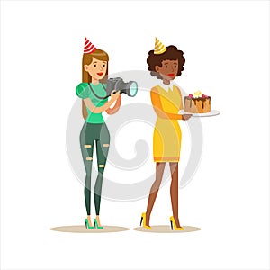 Two Women Taking Pictures And Bringing Cake, Kids Birthday Party Scene With Cartoon Smiling Character