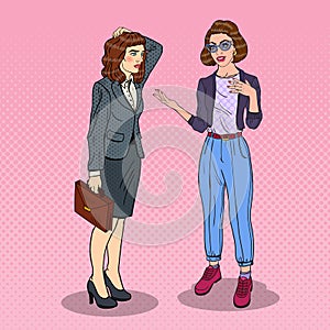 Two Women Talking in Office. Business Discussion. Pop Art illustration