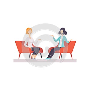 Two women talking in a TV studio, television interview, talk show vector Illustration isolated