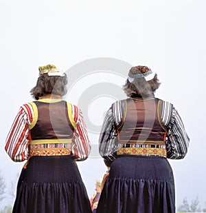Two women in traditional costume at Marken, Holland