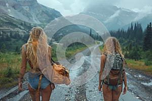 Two women trudge along a wet mountain path with backpacks
