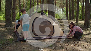 Two women and two boys having summer camping vacation in forest. Happy family of two mothers and two sons put up tent