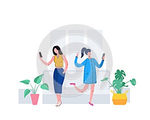 Two women use mobile phones.People hold phone to read messages, selfies and calls. Vector , flat