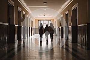 Two women walking in the corridor of an old hospital. 3d rendering, Teenage school kids standing in front of locker, AI Generated