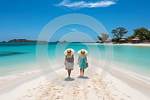 Two women walking on a tropical beach with crystal clear water and white sand