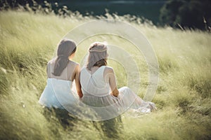 Two women in white dresses sitting in windy summer breeze on grass. Generate ai