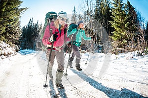 Two women in a winter hike