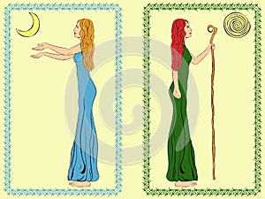 Two women. A woman with a staff, stick. A woman with outstretched arms. Goddess of the moon and goddess of the sun. Vector