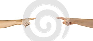 Two women& x27;s hands pointing fingers at each other on a white background.