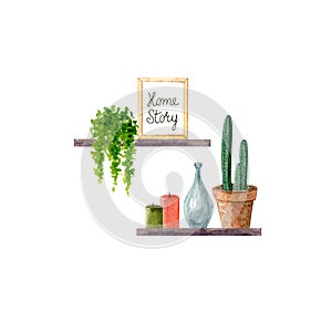 Two wood shelves on the wall with houseplant and cactus in clay pot and picture in frame, decorative bottle and candles.