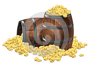 Two wooden barrels with gold coins. White background. Highly detailed realistic illustration