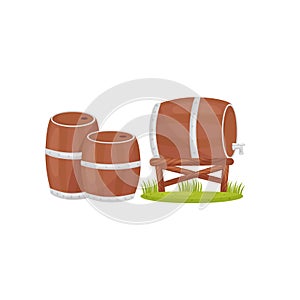 Two wooden barrels on the ground and one barrel with faucet on stand. Farm theme. Flat vector design