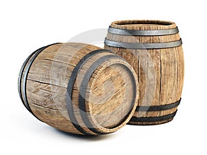 Two wooden barrels isolated on white background 3d illustration